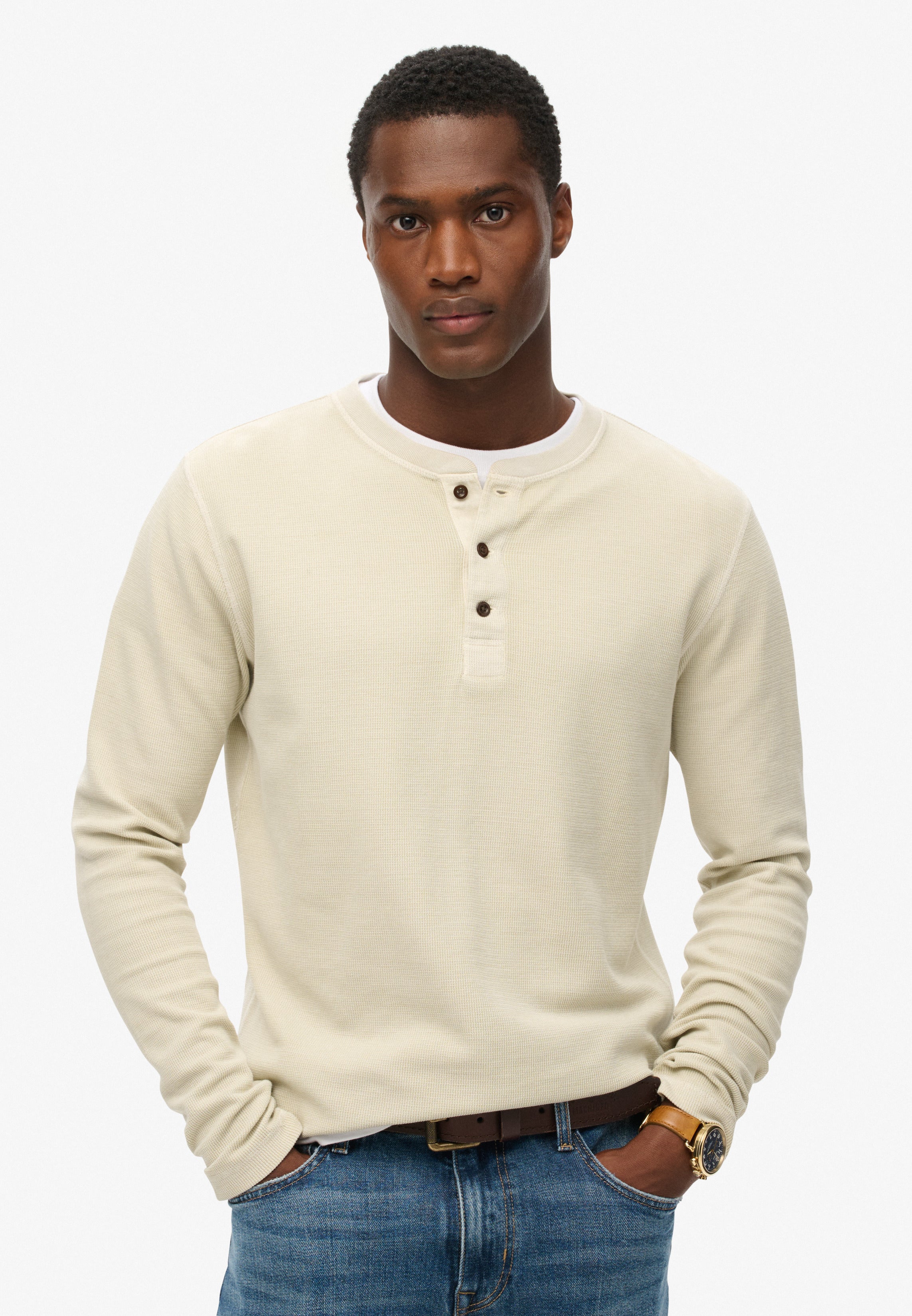 WAFFLE LONG SLEEVE HENLEY TOP