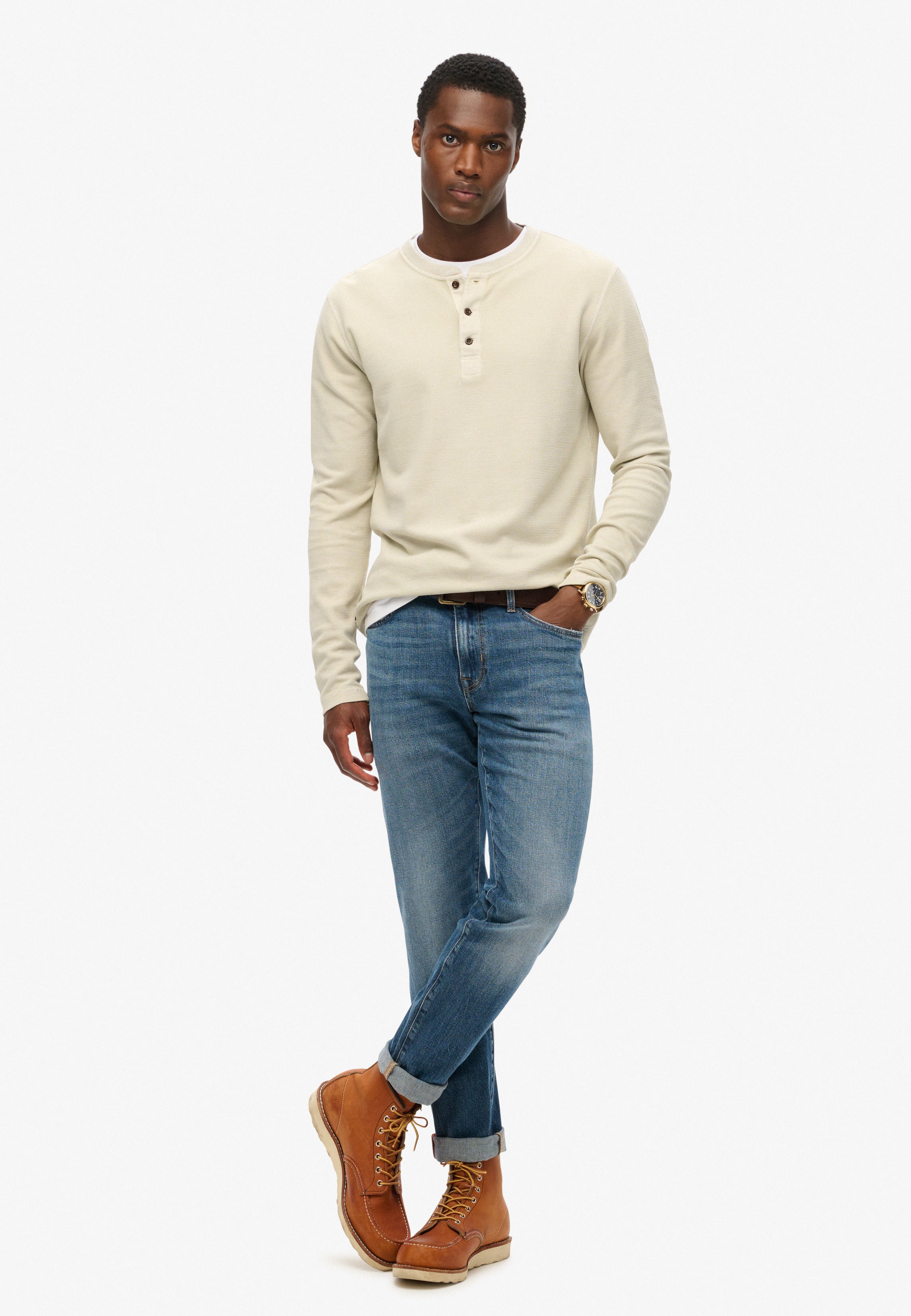 WAFFLE LONG SLEEVE HENLEY TOP