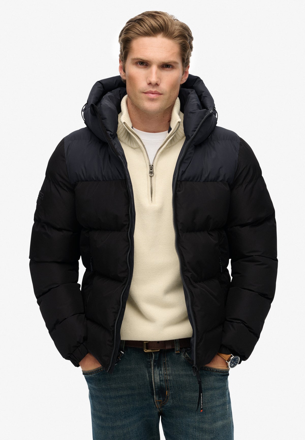 COLOURBLOCK HOODED PUFFER JKT