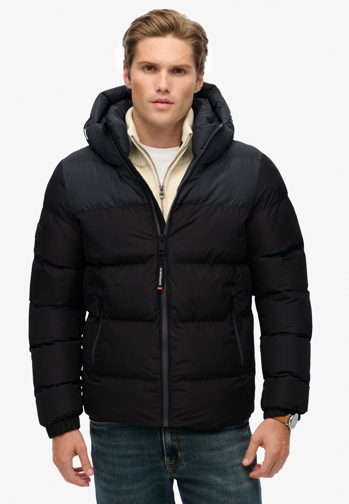 COLOURBLOCK HOODED PUFFER JKT